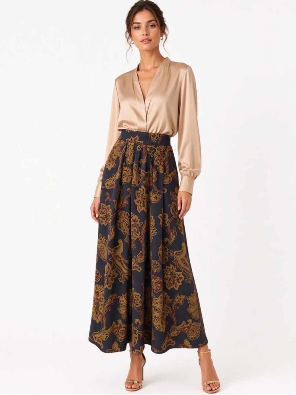 Vintage Jones New York 100% Silk Paisley Midi Skirt | Deep Navy Gold Maroon